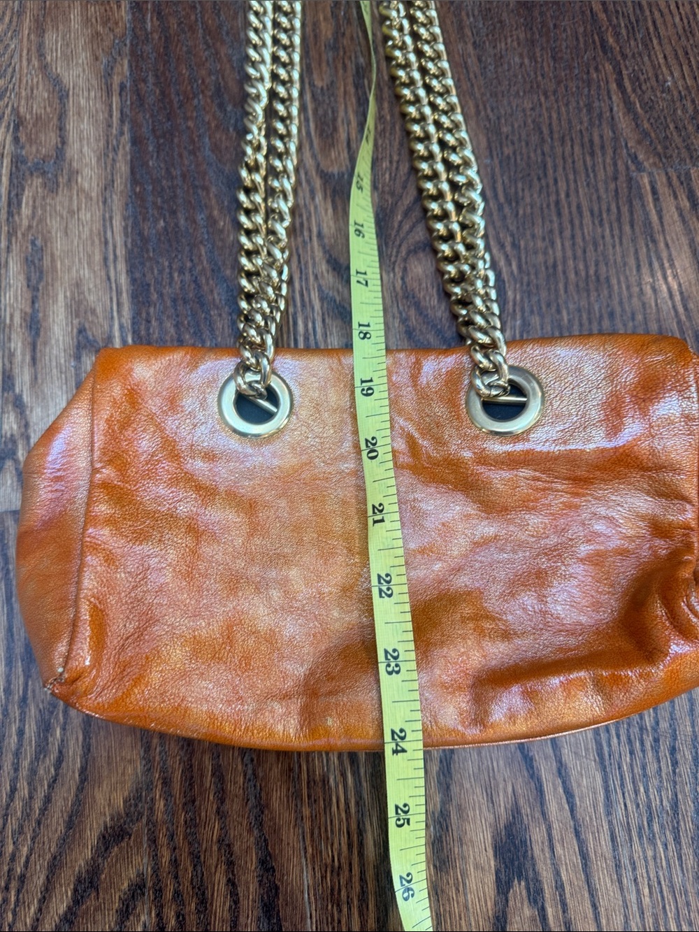 Henri Bendel Distressed Orange Leather Shoulder Bag with Gold Chain Straps - Picture 7 of 12